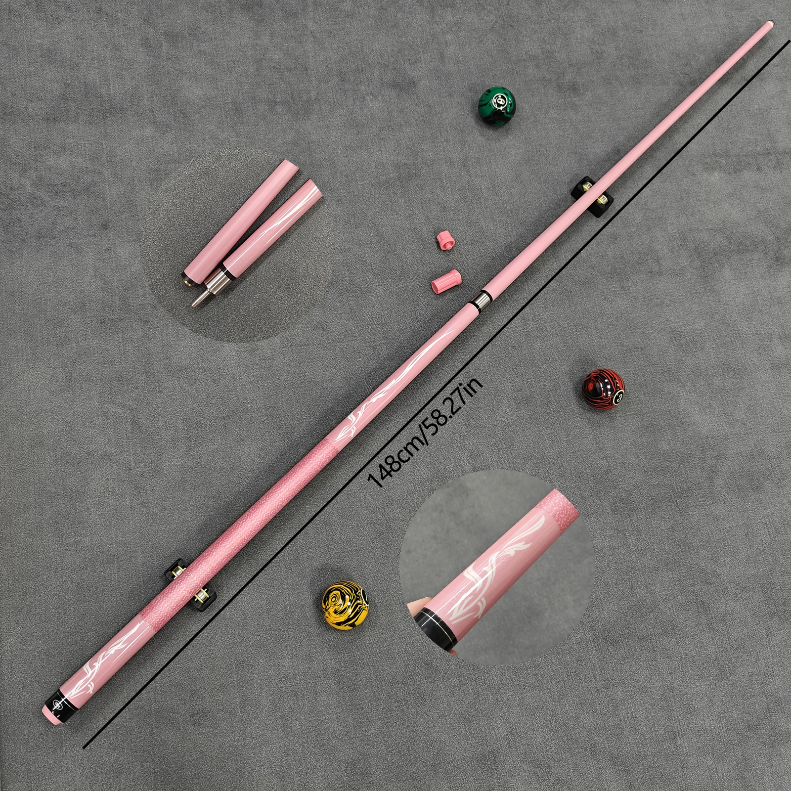 12.5mm Tip High-Tech Billiard Cue, Unique Pattern & Pink Hand Wrapped Grip, Glossy Finish, Embossed Cue Case with Free Gifts