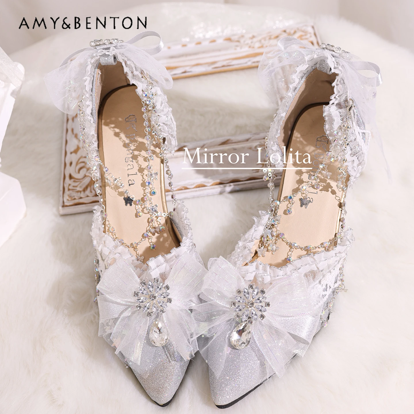 

Lolita Pointed Toe Silver Fine Glitter High Heels French Elegant Fairy Style Stiletto High Heels Women Banquet Wedding Shoes