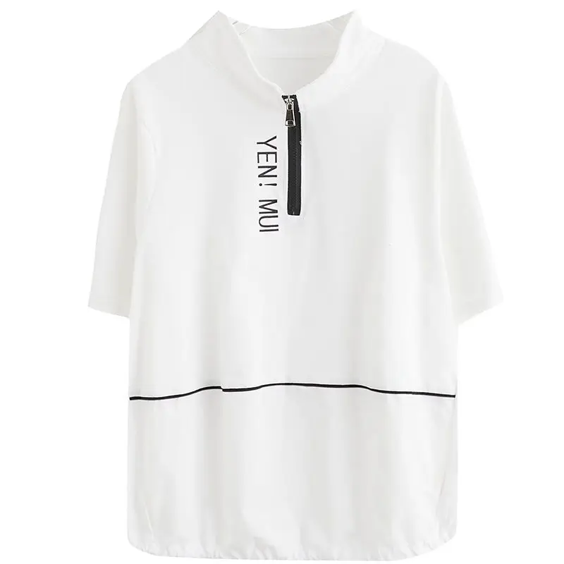 Oversized T Shirts Women Fashion Print Letter 98% Cotton T-shirt Zipper Design Short Sleeve Tops Summer Trend Thin Loose Tshirt