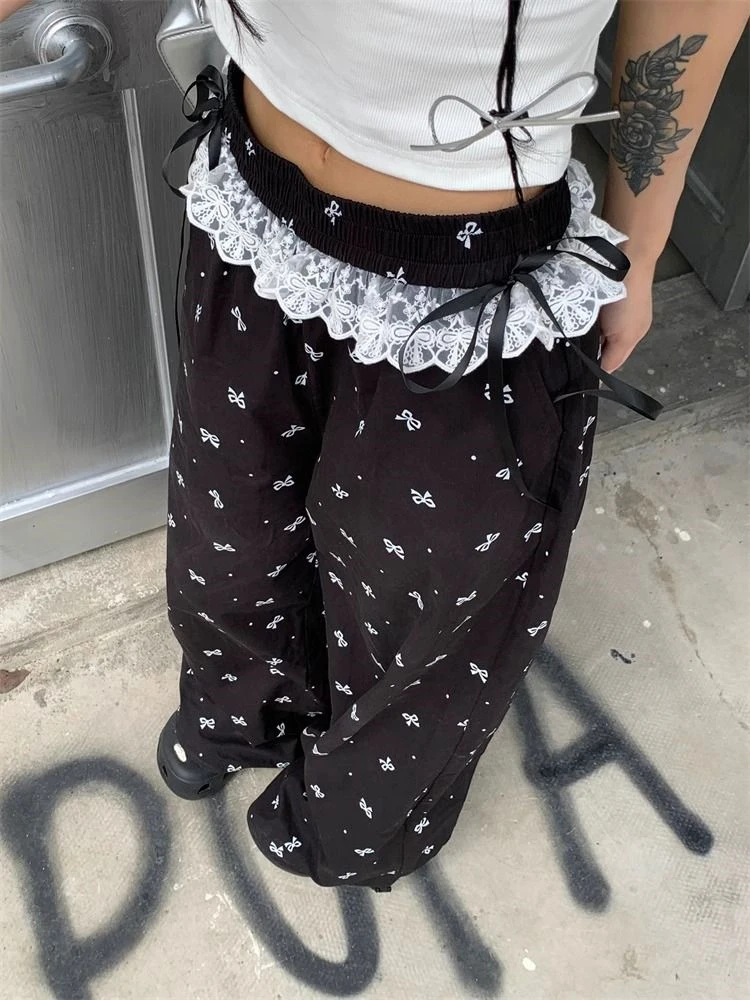 

Women's Bow Print Lace Straight Black Pants Young Girl Street Wide Legs Elastic Waist Bottoms Female High Waisted Loose Trousers