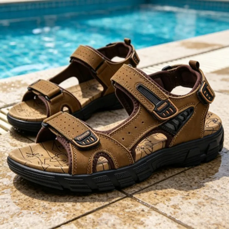

Leather Men's Sandals 2026 New Summer Sport Casual Beach Shoes Outdoor Large Size Slip-On Men's Slippers Breathable Comfort