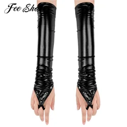 Wetlook-guantes de látex sin dedos para mujer, manoplas metálicas con remaches, charol, largo hasta el codo, ropa de baile para Club nocturno