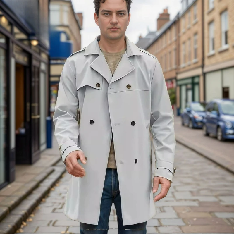Autumn Winter New Solid-color European American Long-sleeved Trench Coat Men's Lapel Slim-fitting Double-breasted Casual Coat
