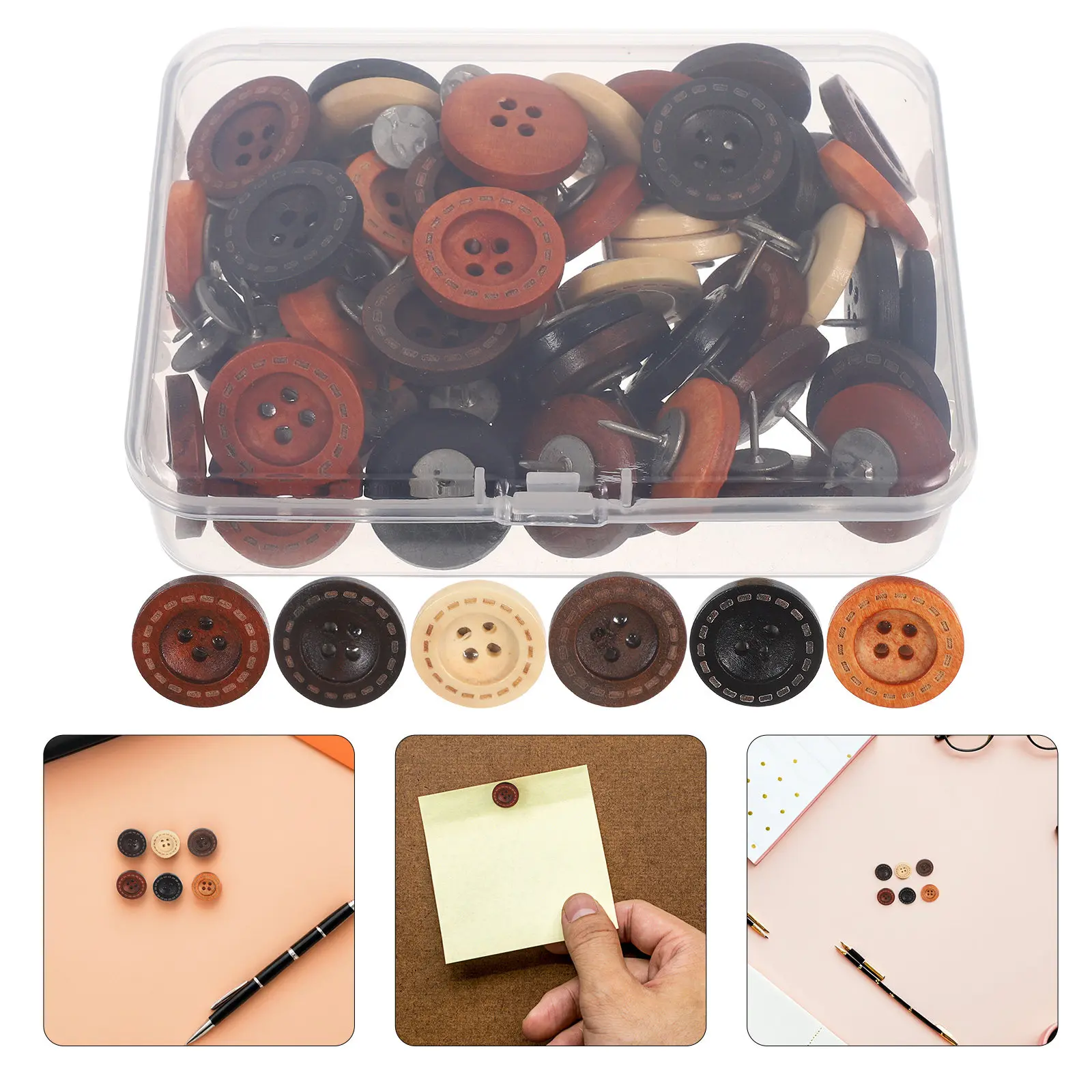 

50Pcs Vintage Wood Push Pins Button Shaped Thumb Tacks for Bulletin Board Travel Map Photos Notes Office Home Classroom