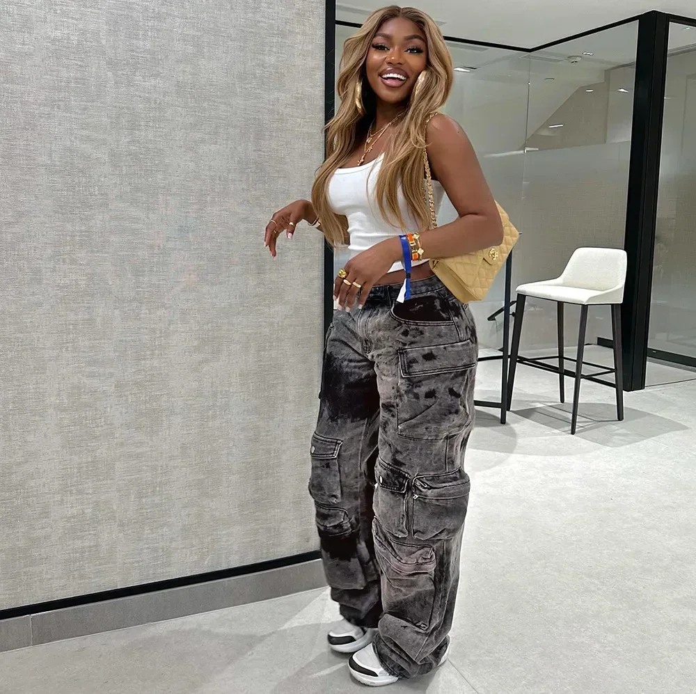 Damen-Jeans, gerade, modisch, mit mehreren Taschen, große Overalls für Damen