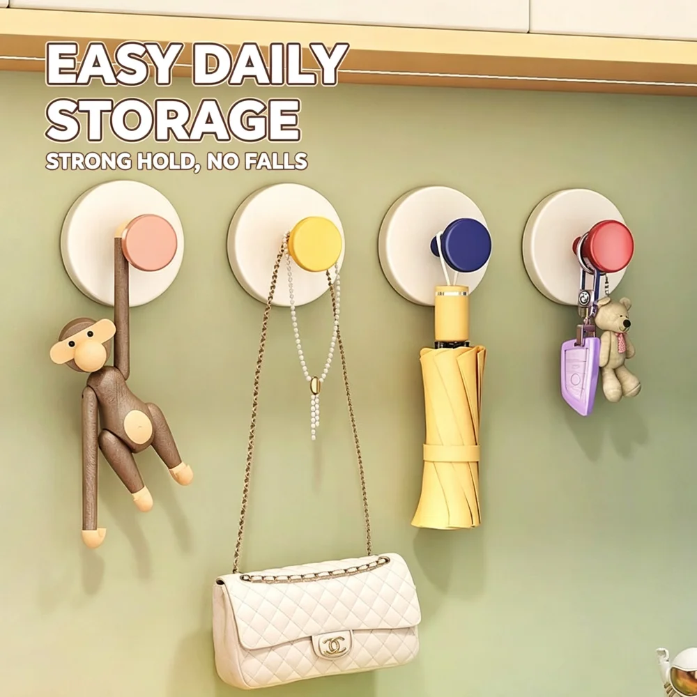 4pcs Colorful No-Drill Hook Set with Suction Cup Sturdy Vacuum Wall-Mounted Hanger for Bathroom Kitchen Storage Racks Home Decor