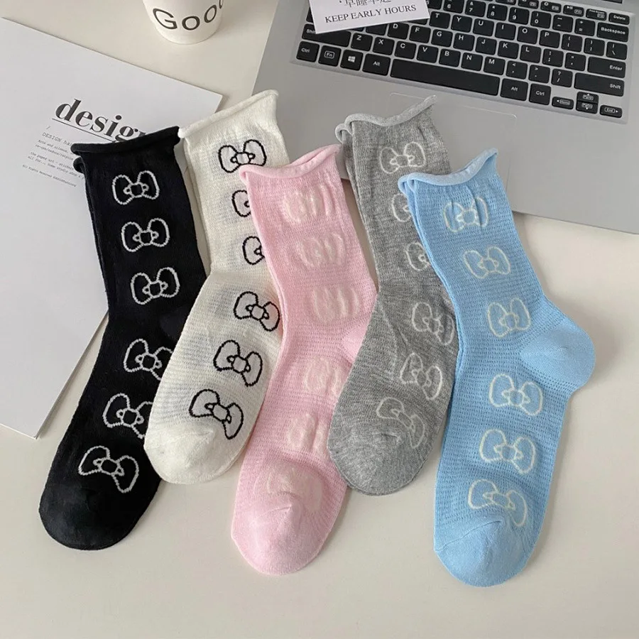 

Summer Loose Curly Edge Bow Printed Women's Socks Cotton Breathable Mesh Lolita Preppy Style Fashion Versatile Mid-Calf Socks