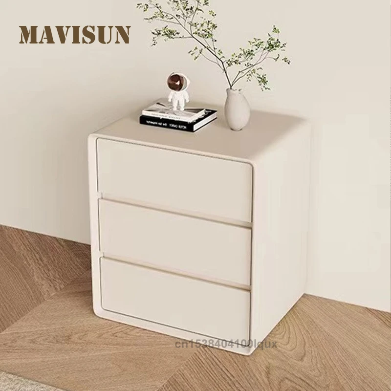 

Italian Cream - Style Household Nightstand With 3 Drawer Small-Sized Leather Surface Solid Wood Frame Rectangular Bedside Table