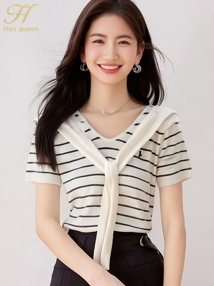 

H Han Queen, летний пуловер, свитер, полосатая шаль, женская одежда, простые топы с короткими рукавами, повседневный корейский винтажный трикотаж, женский