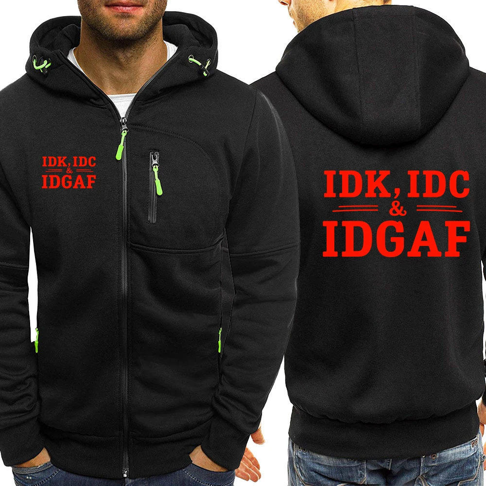 IDK IDC&IDGAF Men's Casual Sports Hoodie Full-Zip Pocket Sweatshirt Fashion Arm Pocket Outdoor Long-Sleeve Pullover Jacket