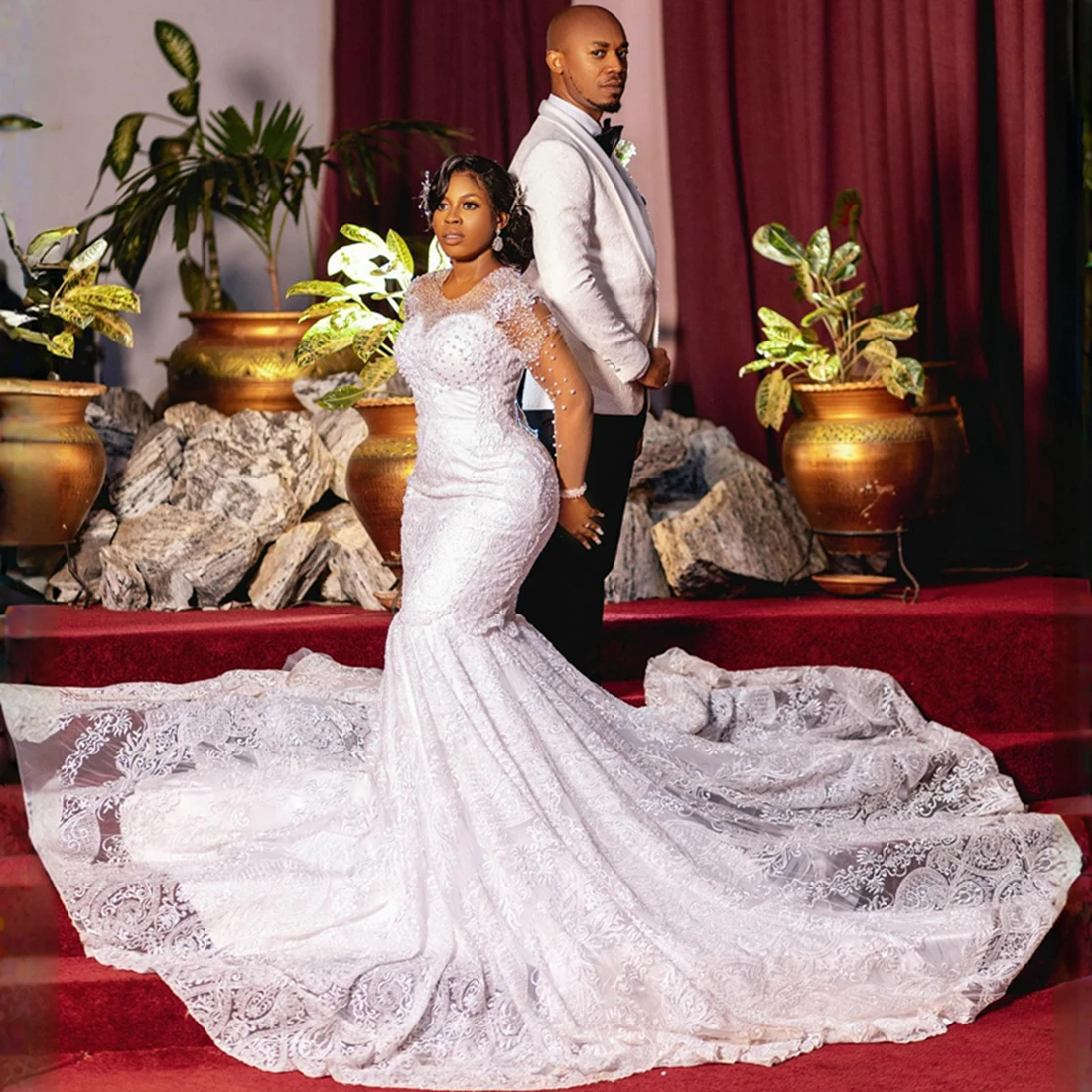 تخصيص الأفريقي تسلق الخرز يزين حورية البحر فستان الزفاف رداء دي ماري 2025 العربية طويلة الأكمام فستان زفاف متواضع