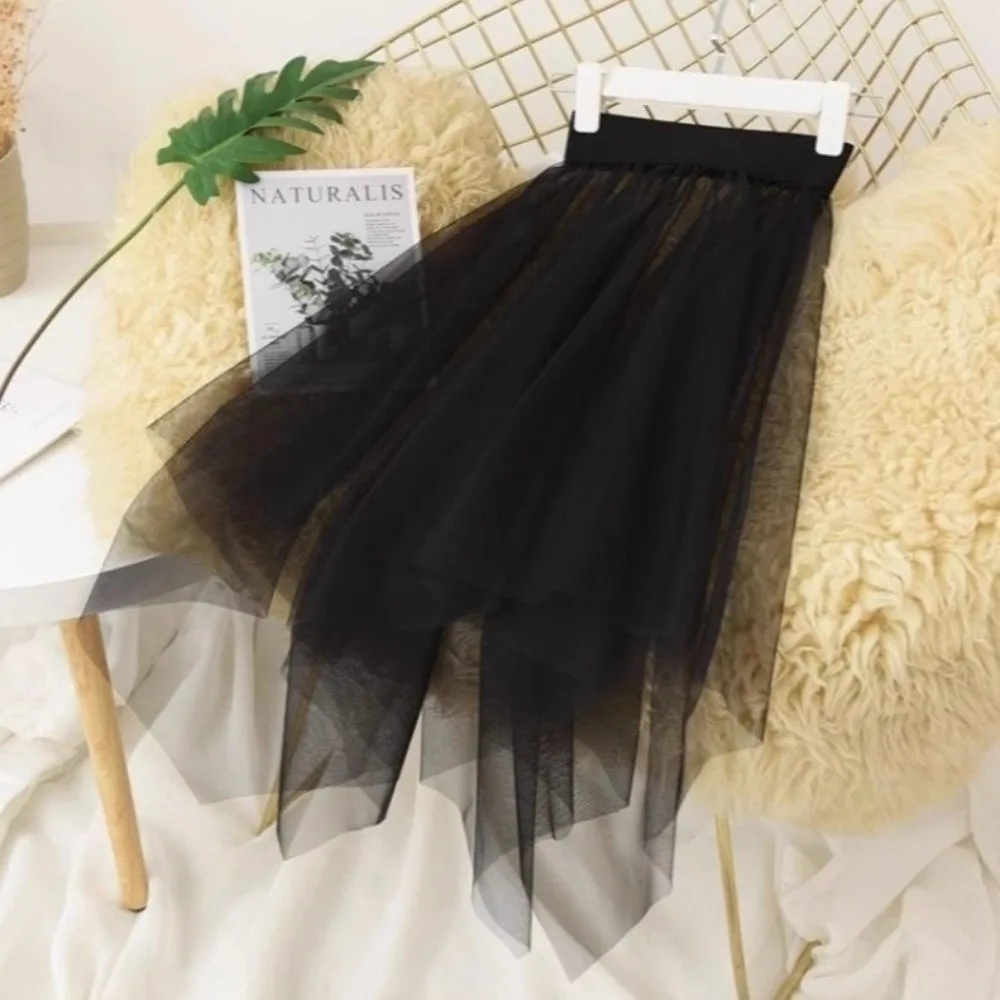 

Fashion Transparent Lace Mesh Skirt Black White Irregular Petticoat Underskirt Long Tulle Skirt Girl