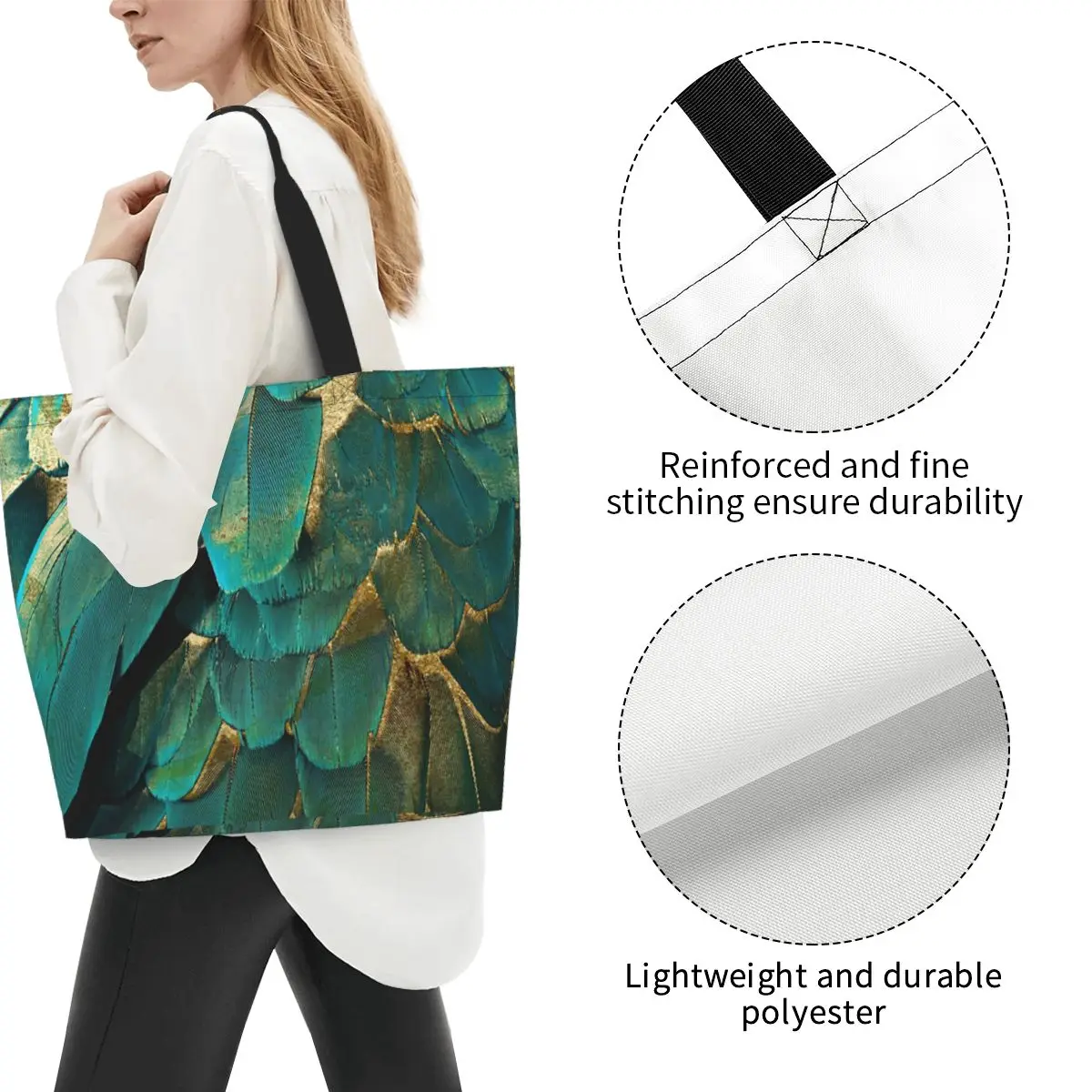 Feather Glitter Teal And Gold Shopping Tote Bag Canvas Large Capacity Shoulder Bags Shopper Grocery Handbag for Women