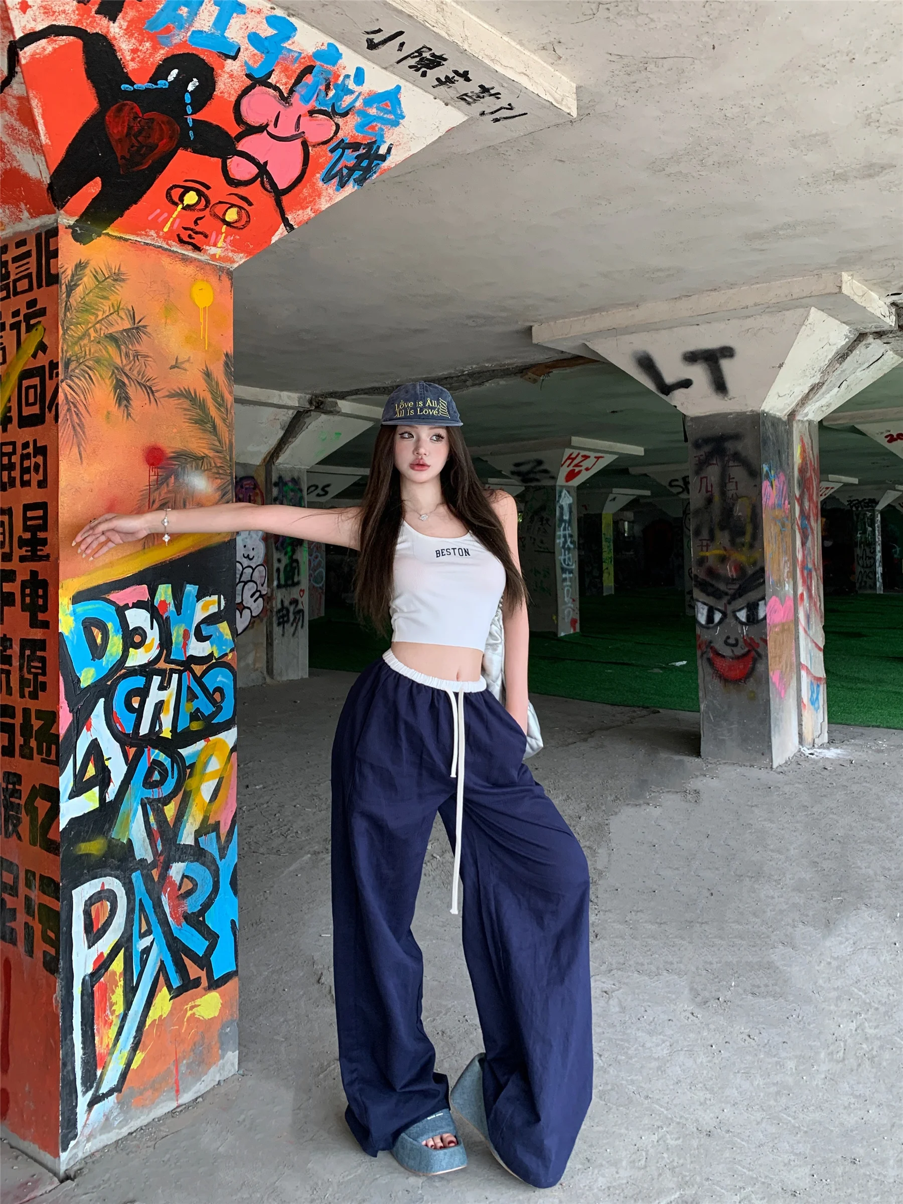 

Spicy Girl Style Set Letter Print Halter Top Women Spring Color Block Drawstring Casual Pants Two Piece Set High Waist Trousers