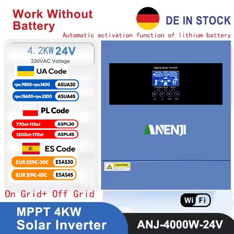 ANENJI 4.2KW 24V Hybrid Solar Inverter 230V MPPT Photovoltaic On/Off Grid Inverter 100A Solar Charge Controller PV 500Vdc WIFI