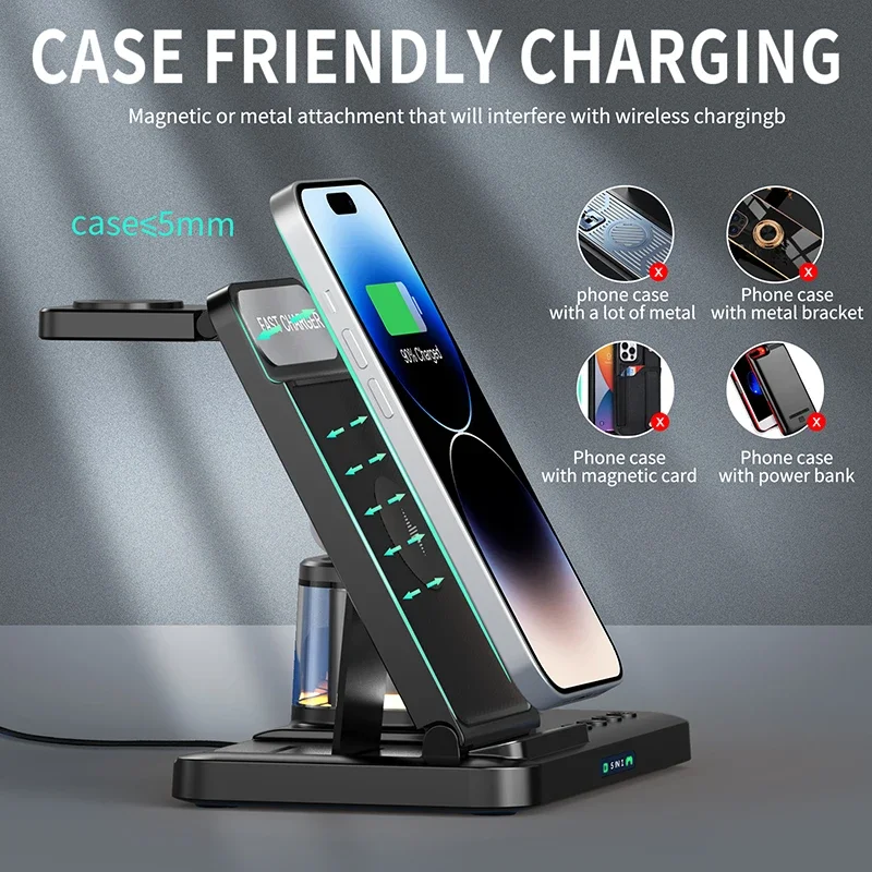 5 in 1 Foldable Night Light Wireless Charger Station Portable 15W Fast Wireless Phone Charging Desktop Stand with LED Clock