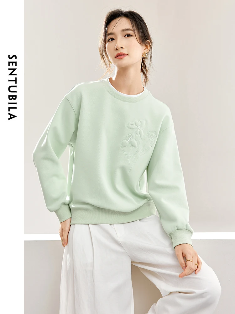 

SENTUBILA Women Embroidery Sweatshirt 2024 Spring Autumn Round Neck Fashion Spliced Comfort Loose Long Sleeve Tops 141A53188