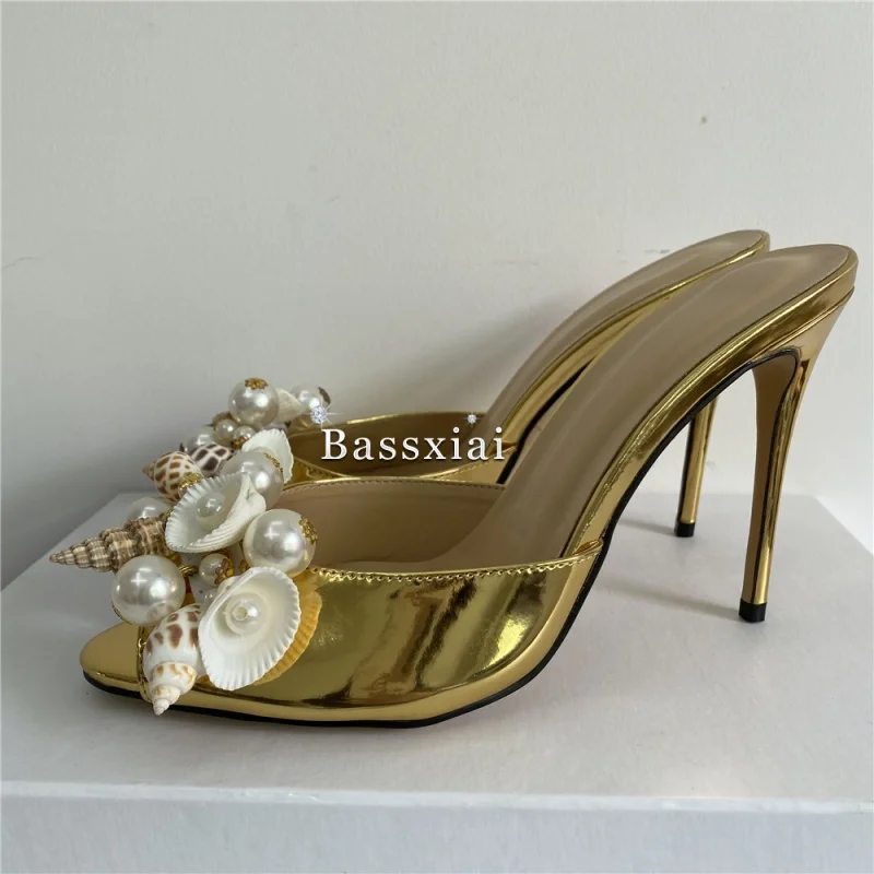 كريستال سلسلة الخرز زهرة الصنادل النساء 10 سنتيمتر خنجر كعب فاخر براءات الاختراع والجلود أحذية خفيفة البغال الصيف #4