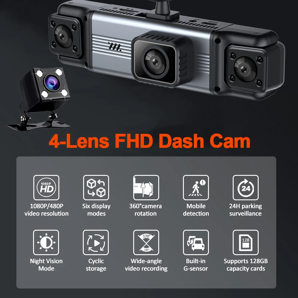 4 Channel Car DVR Wifi Dash Cam 4 Cameras Dashcam Full HD 1080P Video Recorder Night Vision Black Box Cabin Camera 24H Parking