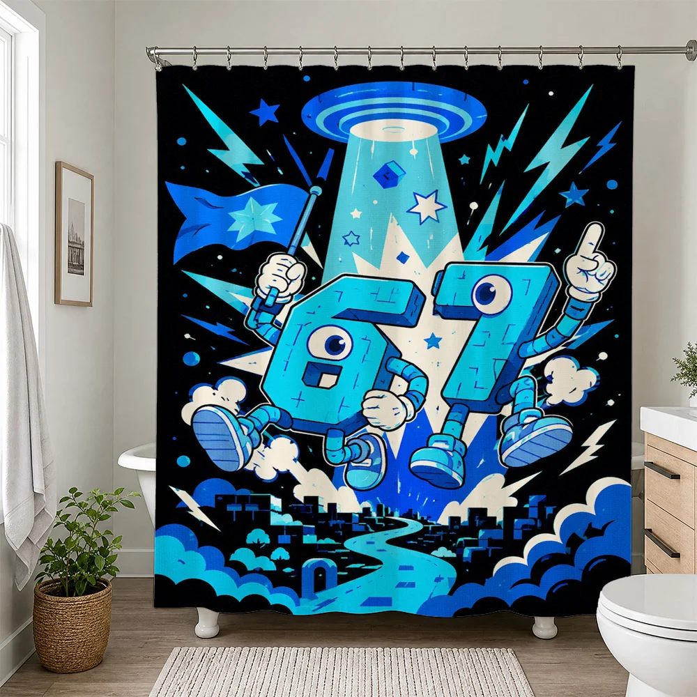 Fun Retro Blue Number 6 7 Duo Shower Curtain Bathroom Decor Pop Art Style