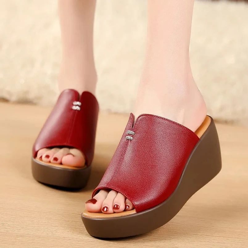 2025 مفتوح اصبع القدم أحذية من الجلد الحقيقي امرأة الصيف الصنادل خارج ارتداء النعال موضة سوبر عالية الكعب #3