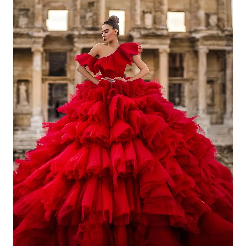 KSDN Red Wedding Dress Puff Sleebeless One-Shoulder Tiered Luxury Brida Ball Gown Pretty Women Gorgeous Vestidos Customized 2024