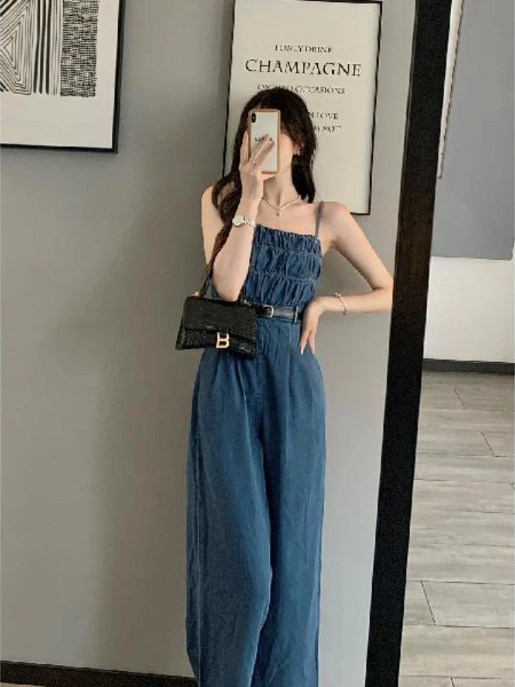 Jumpsuits Women Wide Leg Trousers Folds Sleeveless Summer New High Waist Design BF Denim Clothing Sweet Harajuku Simple Vintage