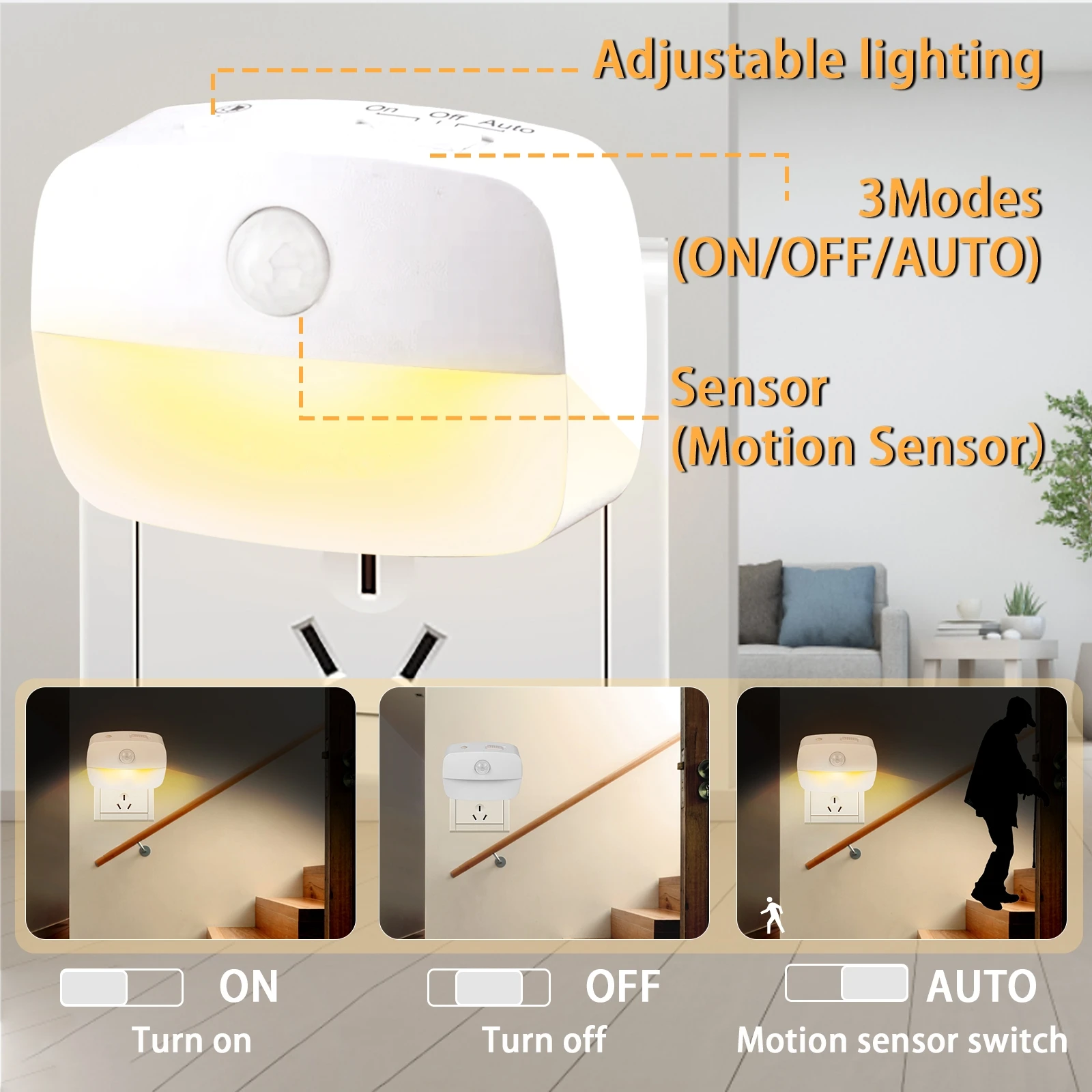 Motion Detector Night Light Plug In Motion Sensor Light 220V Socket Lamp Battery Powered for Bedside Closet Aisle Hallway Stairs