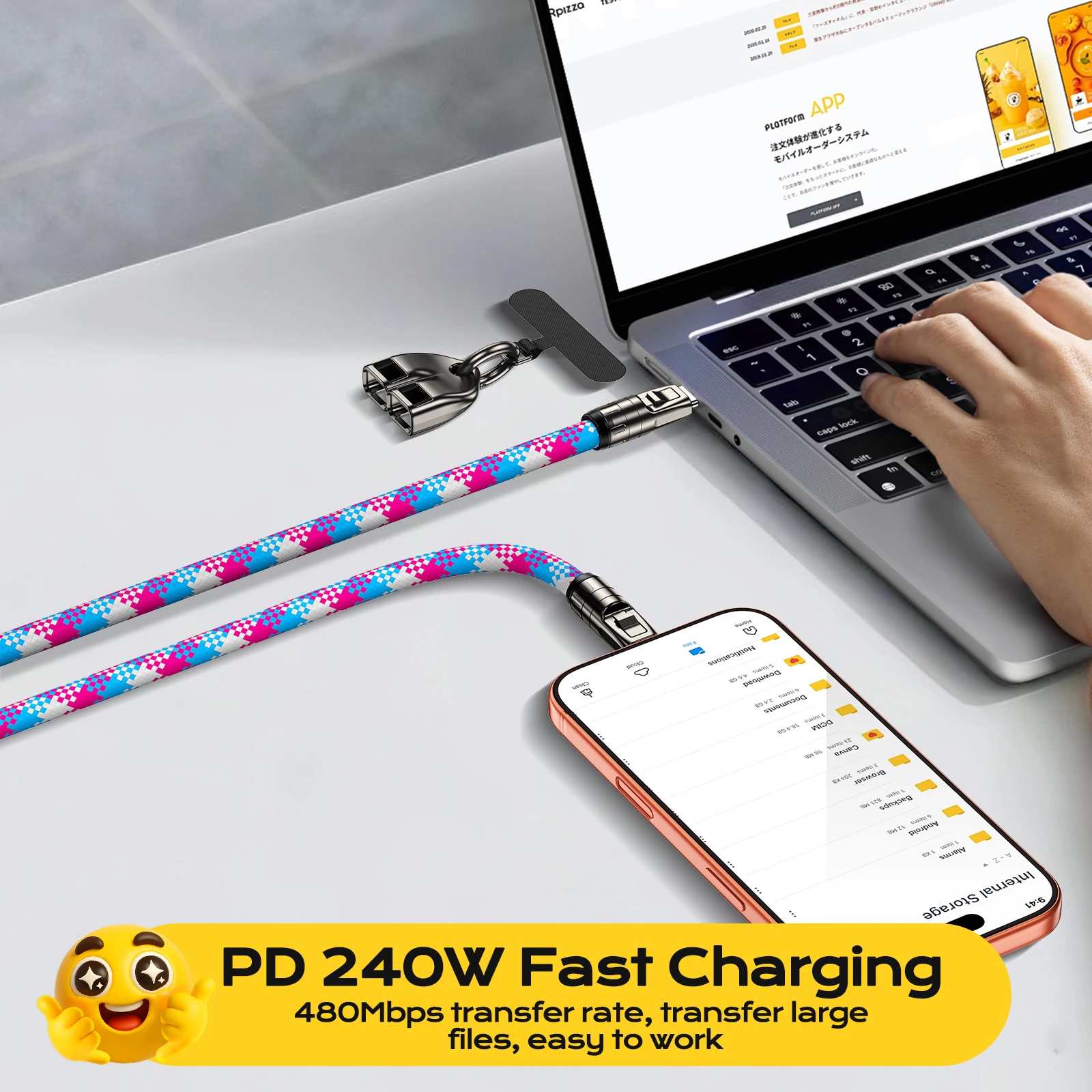 AUFU 2-in-1 Type-C to Type-C Lanyard Data Cable 240W Fast Charging For iPhone 17/17pro/16 Samsung Macbook Laptops Anti-lost Rope