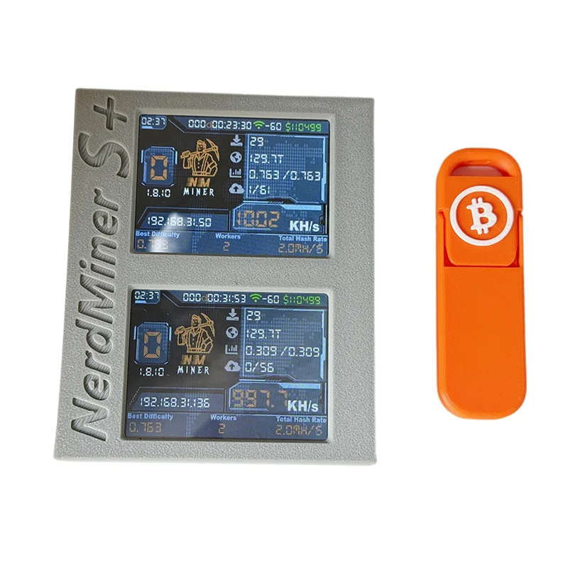 أنيق-Nerdminer S + Solo Miner شاشات مزدوجة 2X1060KH/S التعدين/الوقت/العملة المعدنية عرض BTC Crypto Miner + حامل ثلاثي الأبعاد