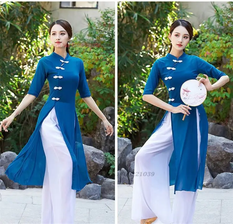 2025, chinesisches traditionelles Qipao, Retro-Mesh-Cheongsam-Kleid + Hose, Set für Damen, elegantes Bühnenkostüm, orientalisches Bühnenkleid