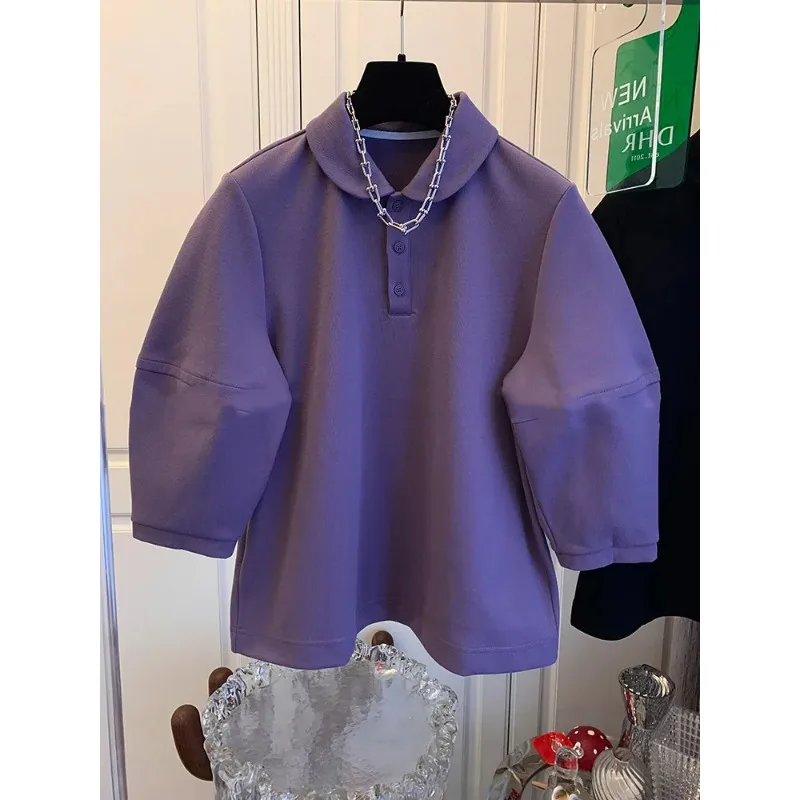 Right Shoulder Polo Short-sleeved T-shirt for Women Niche Unique Short Design College Style Top