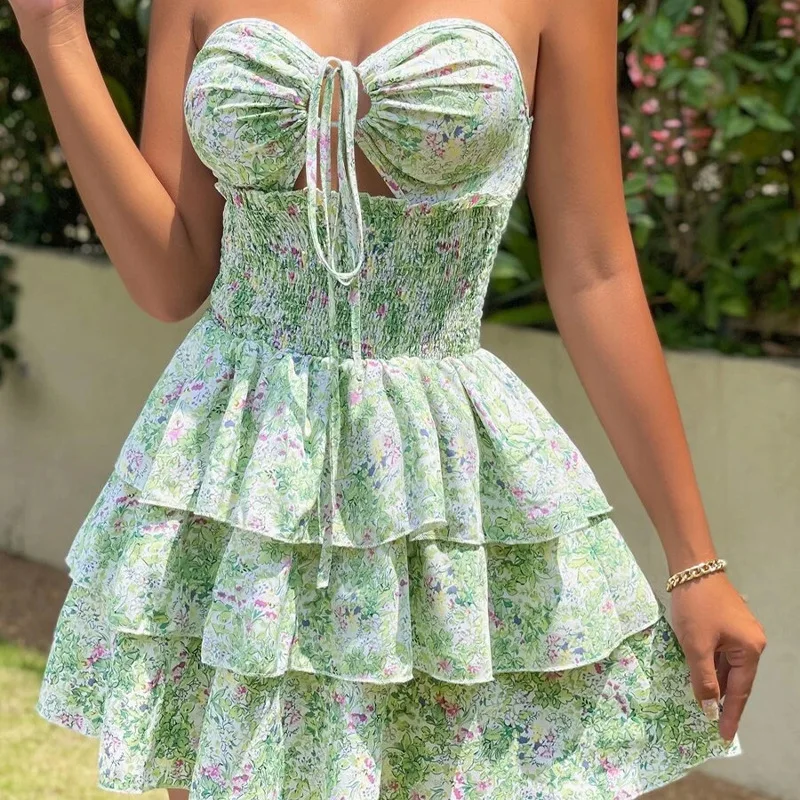 Vestido floral sexy de verão sem alças – Mini vestido de verão com renda na cintura e detalhes recortados, vestido bodycon para festa na praia para férias