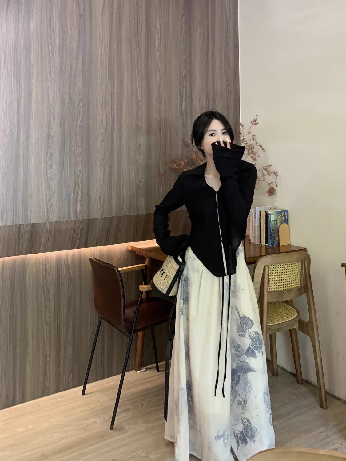 

Designer Printed Chinese Style Ink Painting Pants Skirt for Women Spring Summer Elastic Waist Wide Legs Drooping Trousers Long