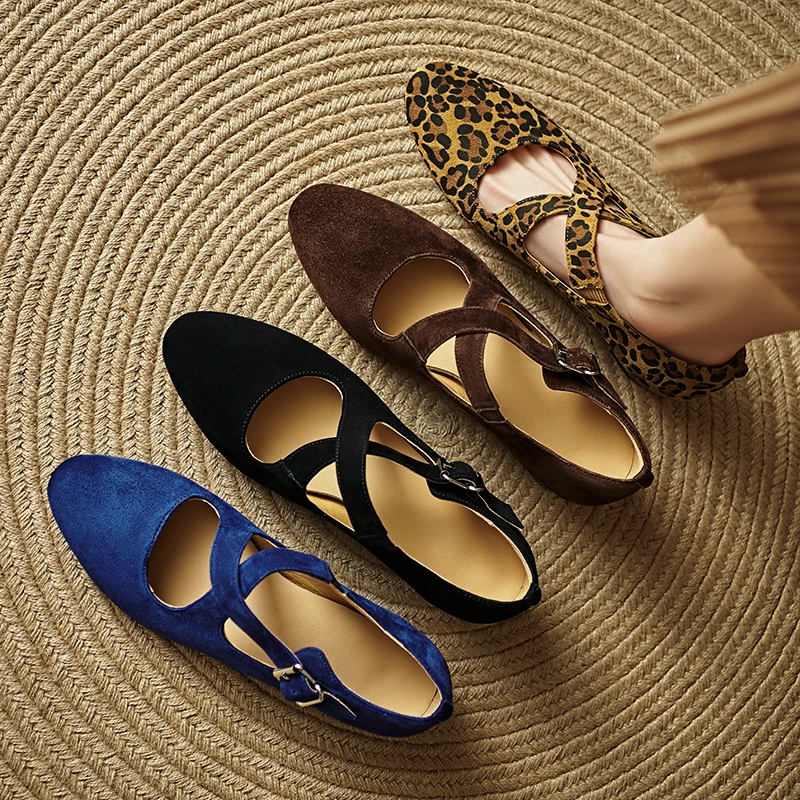 2026 new spring summer women pumps natural leather 22-25cm kid suede+sheepskin+pigskin round toe cross buckle mary janes women