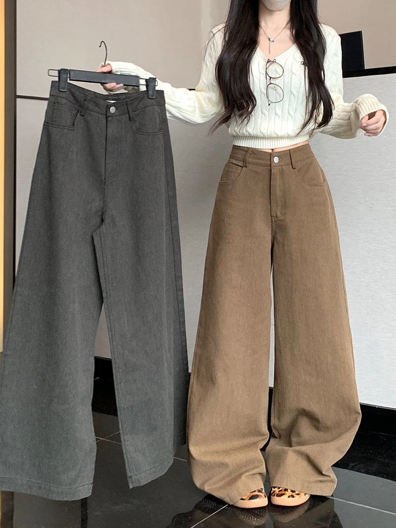 ZHISILAO Fashion Baggy Wide Leg Jeans Women Vintage Loose Khaki Floor Length Denim Pants 2024