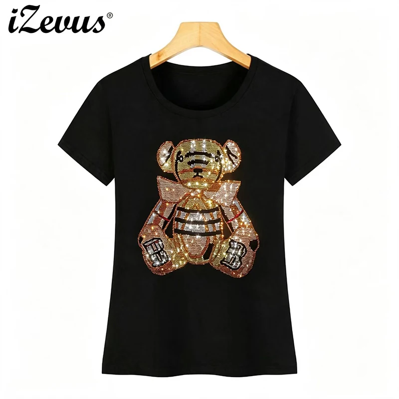 Hot Selling High-Quality Color Diamond Bear Women's T-Shirts Spring and Summer Short-Sleeved Hot Stamping Diamond Flash Diamond