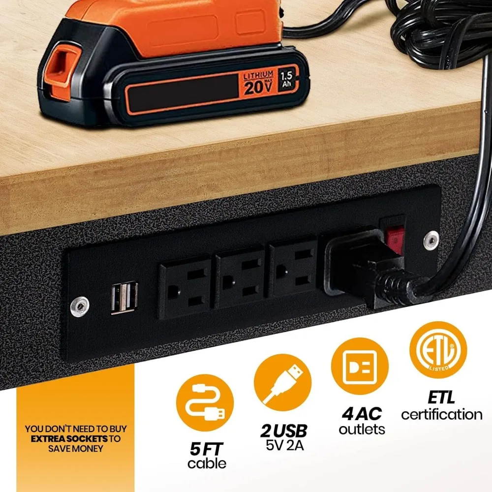 Robuuste verstelbare werkbank met rubberen houten blad, stopcontact, wielen, capaciteit van 2000 lbs, werktafel met industriële sterkte