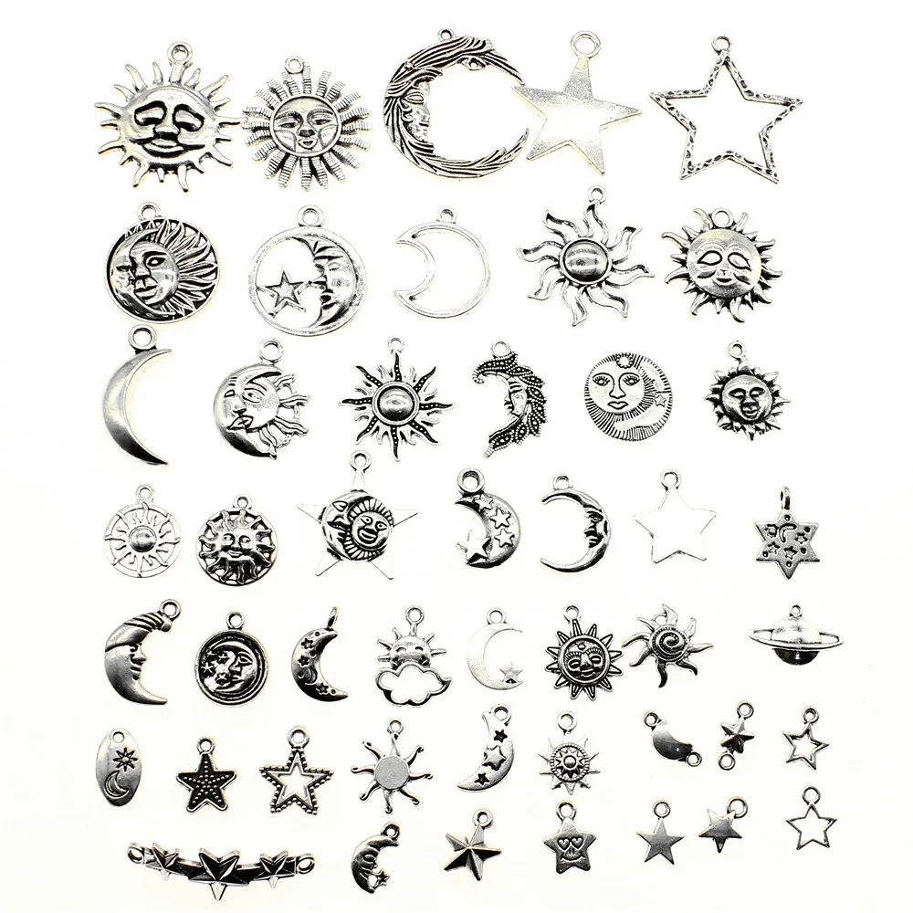 WYSIWYG 40g Antique Silver Color Zinc Alloy Random Mix Styles Sun Moon Star Charms DIY Handmade Craft For Jewelry Making