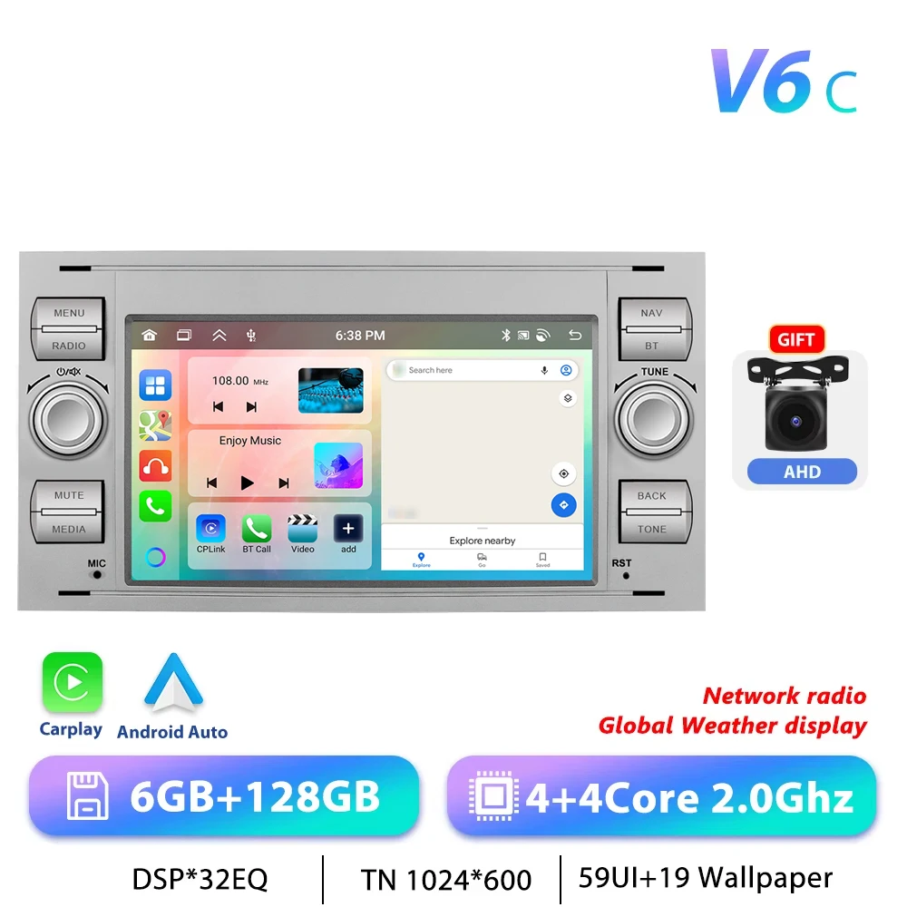 Podofo 7 "Autoradio Draadloze CarPlay Android Radio Voor Ford Focus/Mondeo/S-Max Transit/Kuga Connect Multimedia GPS RDS Autoradio