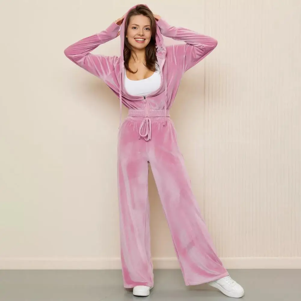 

Женский велюровый спортивный костюм из двух предметов, мягкие бархатные толстовки с капюшоном, спортивная куртка на молнии и широкие брюки, модный женский комплект