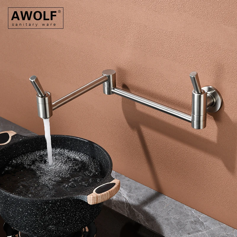 Kitchen Folding Faucet Solid Brass Pot Filler Brushed Nickel Wall Mounted 360 Degree Rotation Folding Tap FW018