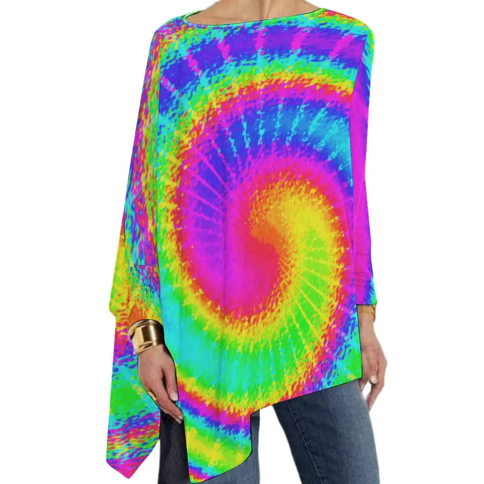 Colorful Rainbow T Shirt Retro 80s Hippy Bohemian Tie Dye Kawaii Long Sleeve T Shirts Loose Oversize Tee Shirt Graphic Tops Gift