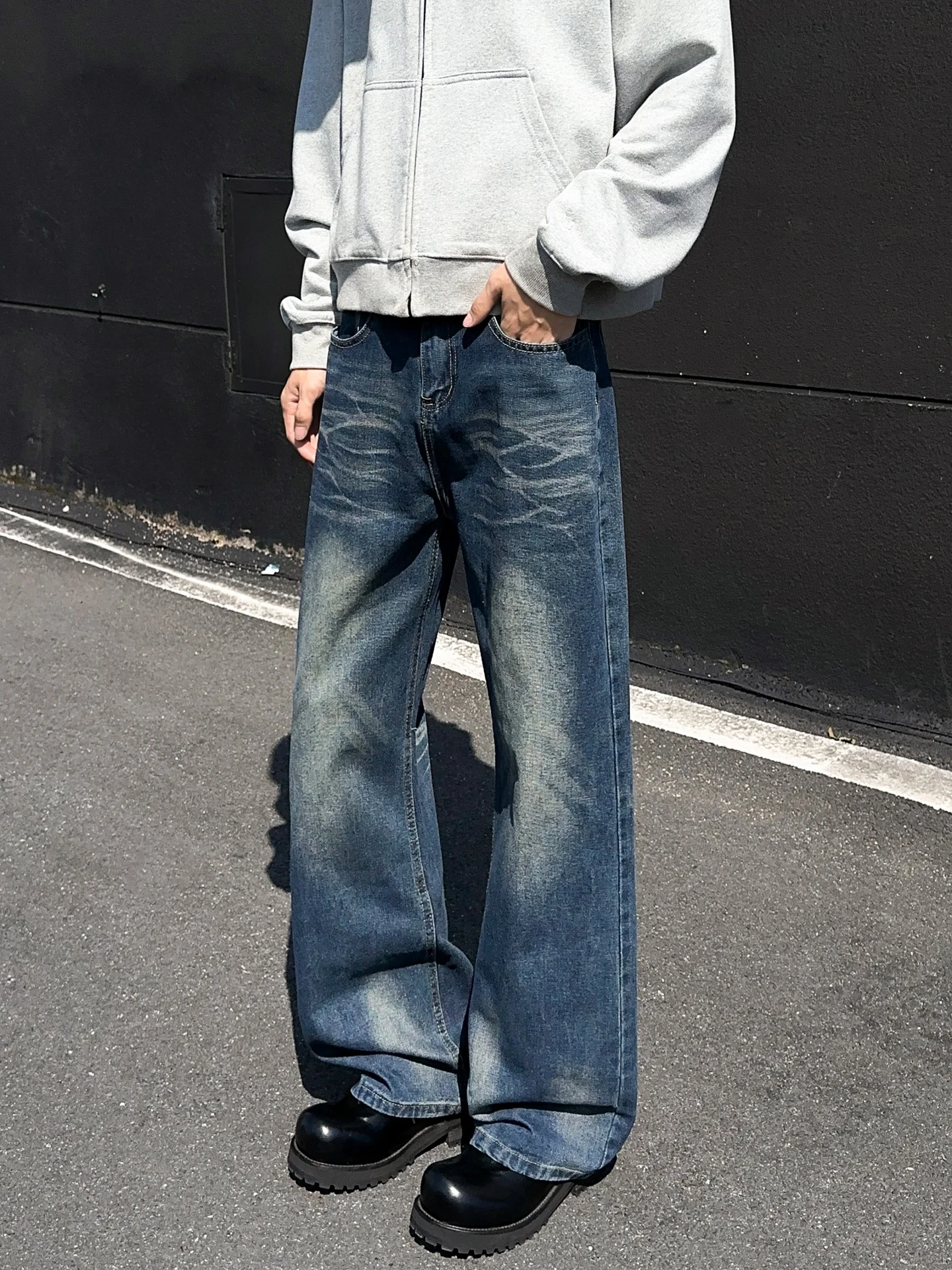 Retro Washed  Jeans Men's American High Street Loose Wide Leg Draped Slim Straight Long Pants Casual Straight Fit Jeans