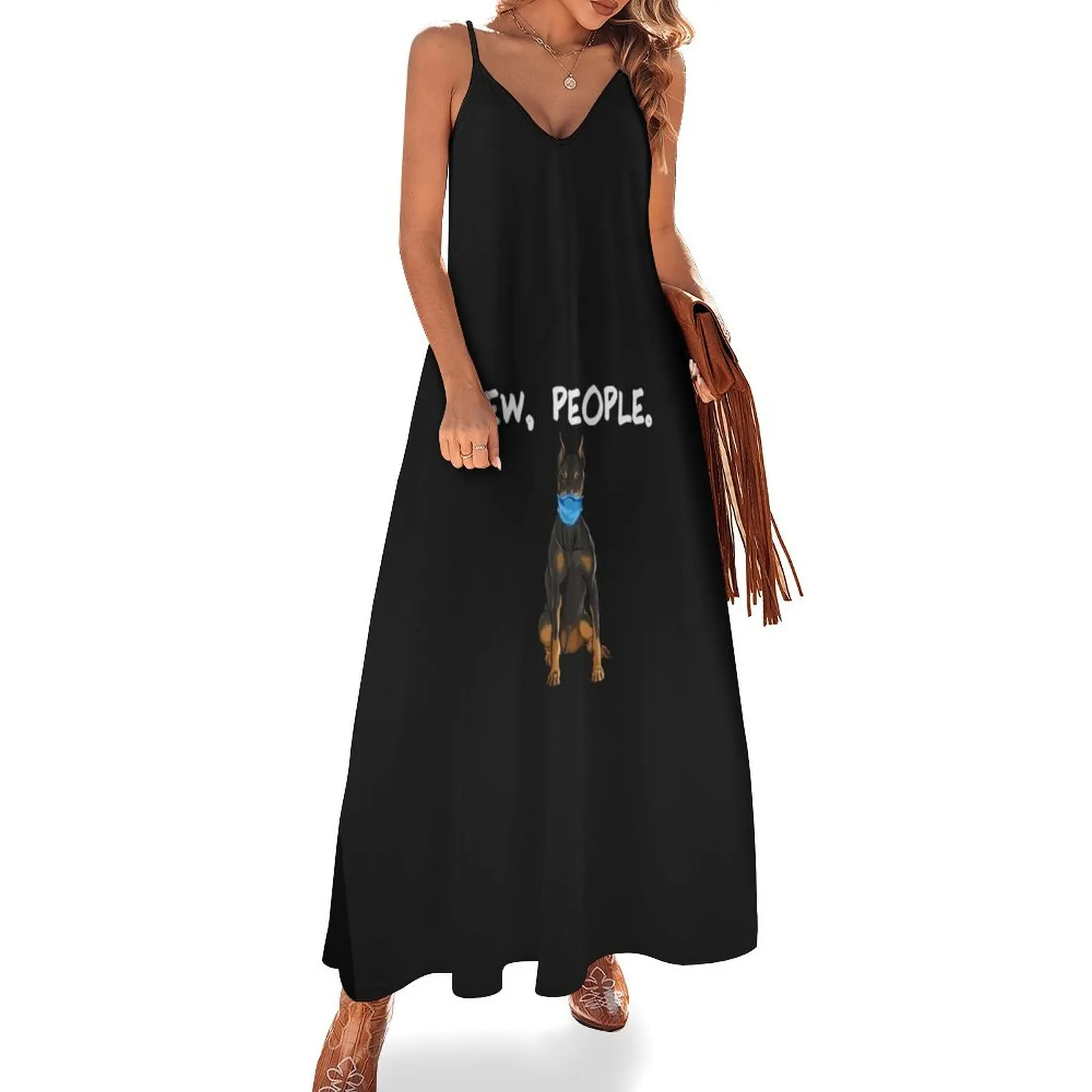 Doberman Pinscher Ew People Dog Wearing Face Mask Sleeveless Dress Women's evening dress Long veiled dresses