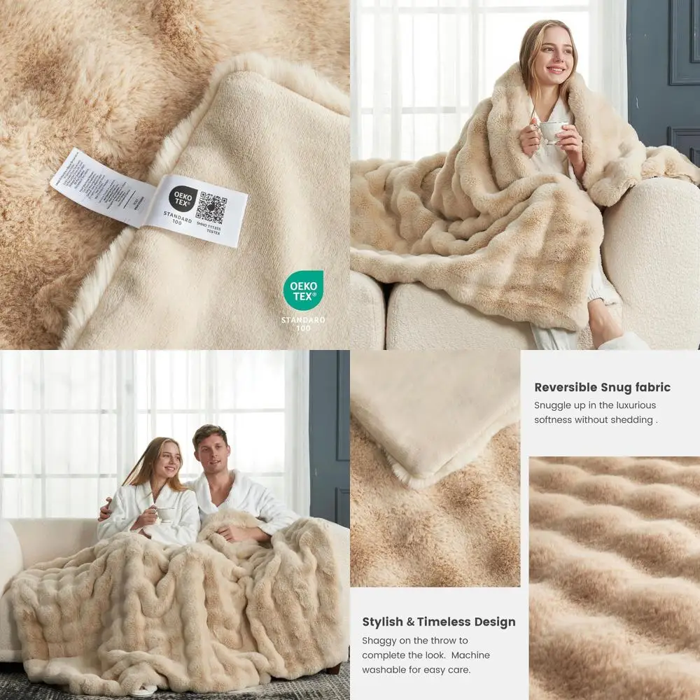 

Beige Plush Faux Fur Blanket, 60x80, Cozy Soft Throw for Sofa & Bedroom