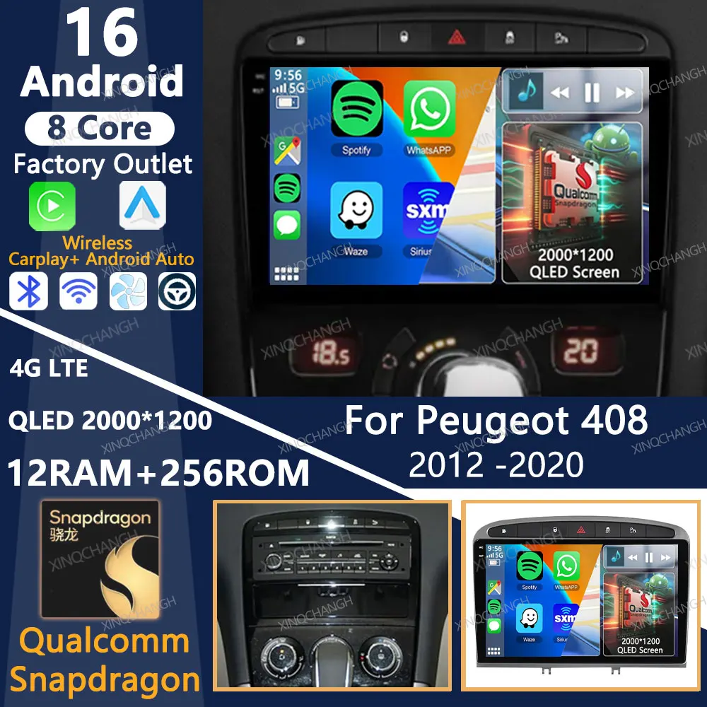 Radio para Auto con Android 16 para Peugeot 408 1 2012-2020, para Peugeot 308 1 T7 2007-2015, Reproductor Multimedia Estéreo, Reproductor de Video, Unidad Principal con Bluetooth