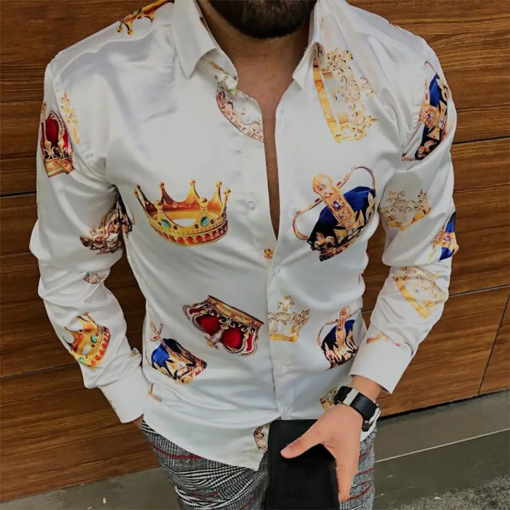 Stylish Slim Shirt Top Crown Print Comfy Casual Buttons Summer Top  Men Shirt Casual