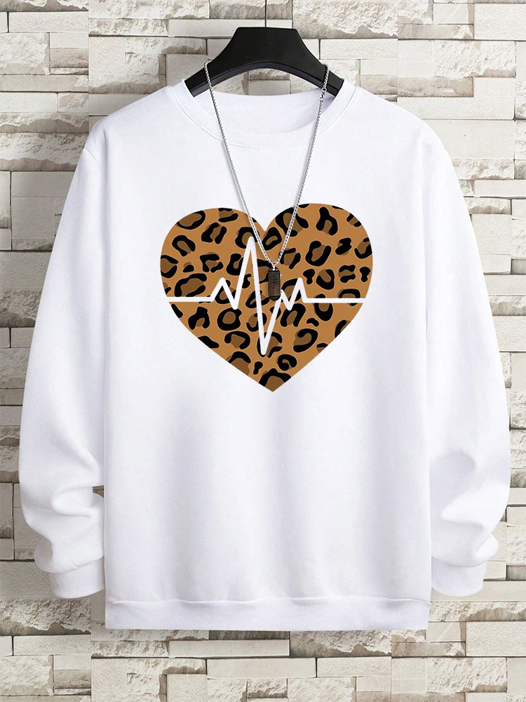 Classic Leopard Print Heart Men Hoodies Crewneck Fleece Sweatshirt Hip Hop Loose Pullover Fashion Comfortable Mens Hoody Tops