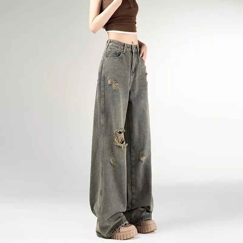 

Retro High Waist Straight Leg Denim Jeans Women's Spring New Design Hole Punched Casual Versatile Loose Floor-Length Pants
